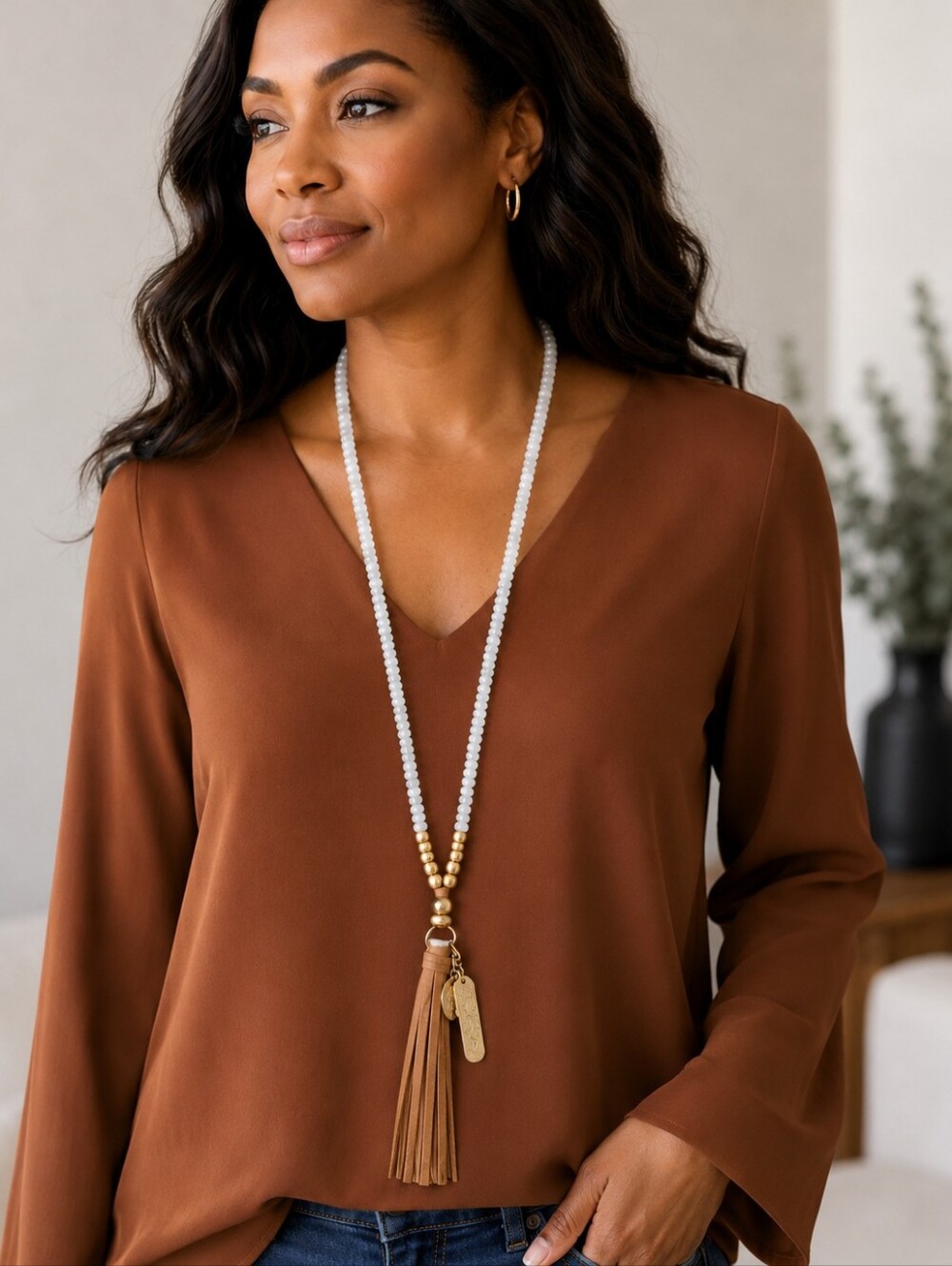 Chico's Beaded White Tassel Necklace